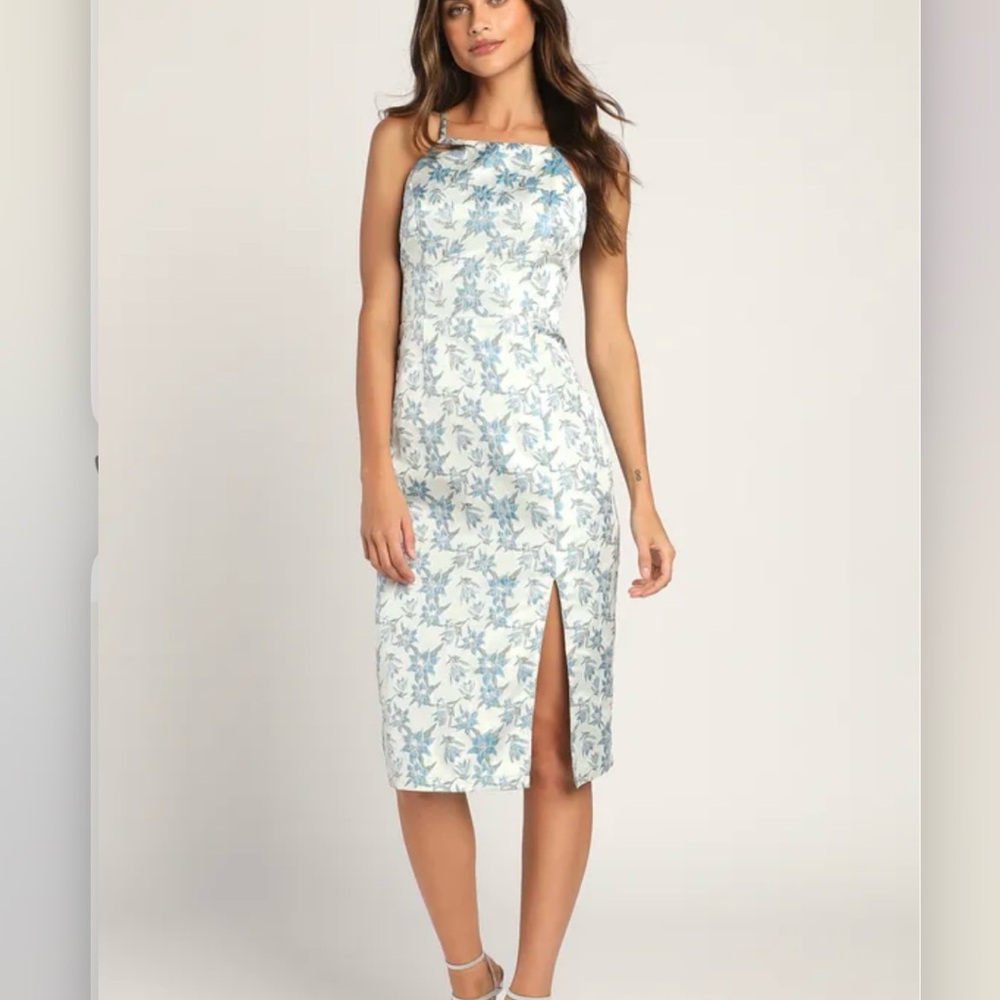 NWT Lulus Versailles Vibes Blue Jacquard Open Back Metallic Midi‎ Dress LARGE